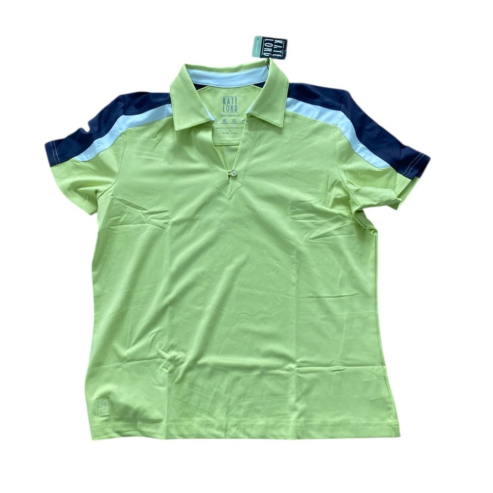 NWT Kate Lord Performance Lime Green Polo Shirt with Navy and Light Blue Accents